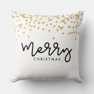 Merry Christmas Black and White with Gold Look Dot Cushion