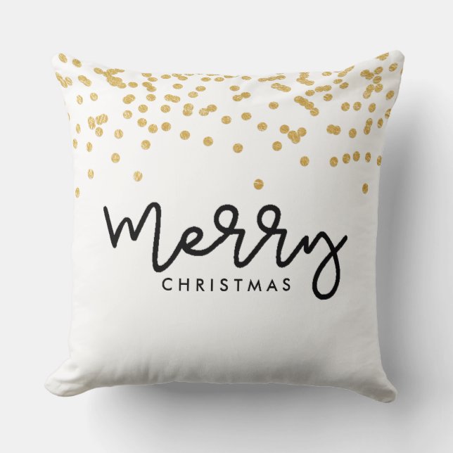 Merry Christmas Black and White with Gold Look Dot Cushion (Front)