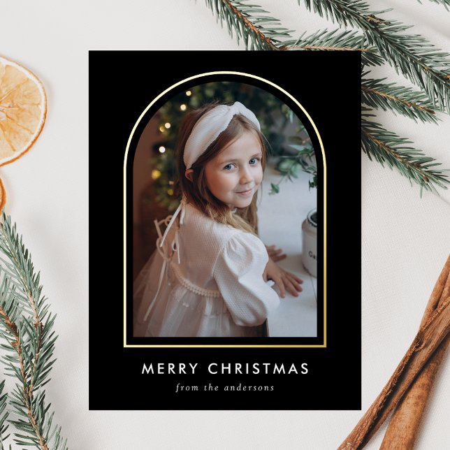 Merry Christmas Black Arch Photo Foil Holiday Postcard (Creator Uploaded)