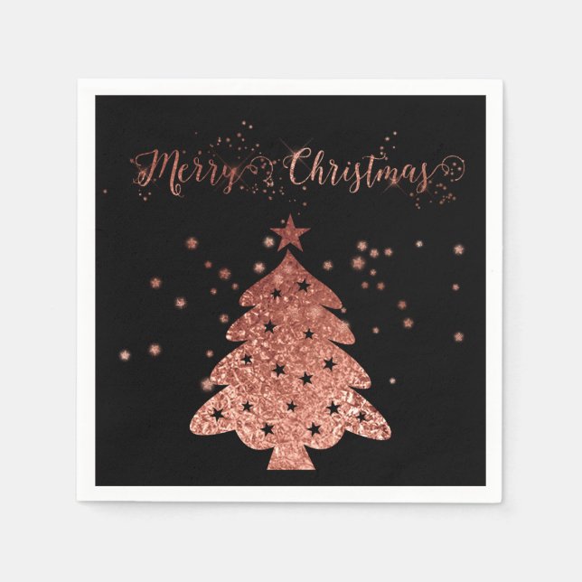 Merry Christmas Black Background Pink Faux foil Napkin (Front)
