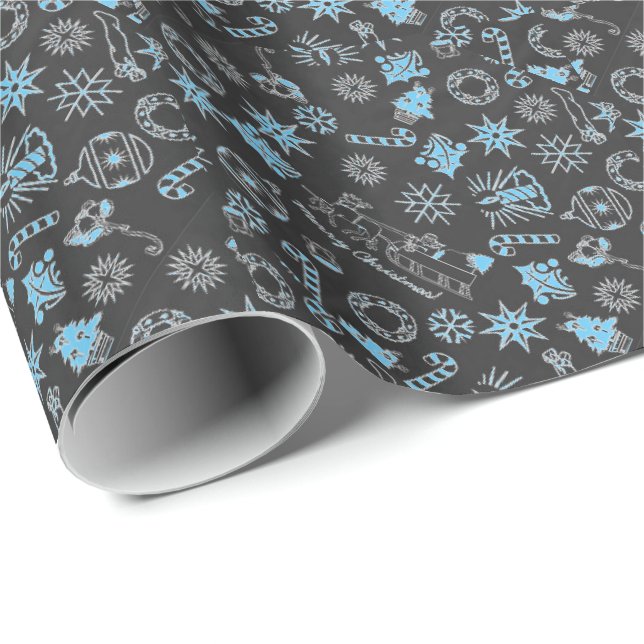 Merry Christmas Black Blue Santa Symbols Wrapping Paper (Roll Corner)
