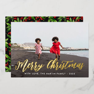 Merry Christmas Black Botanical One Photo Holiday