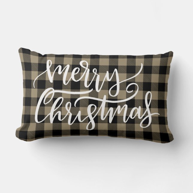 Merry Christmas Black Brown Buffalo Plaid  Lumbar Cushion (Front)