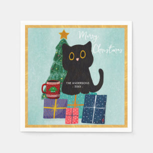 Merry Christmas Black Cat Christmas Tree Gold Xmas Napkin