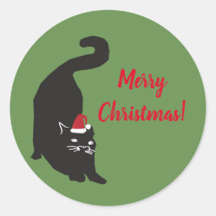 Merry Christmas Black Cat Classic Round Sticker