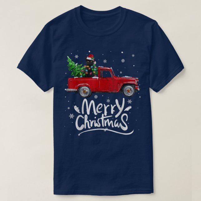 Merry Christmas Black Cat Riding Red Truck Christm T-Shirt (Design Front)