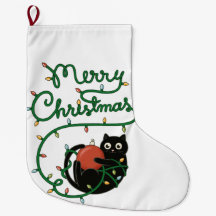 Merry Christmas Black Cat with Ornament and Lights