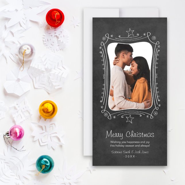 Merry Christmas Black Chalkboard Couple Photo Holiday Card (Creator Uploaded)