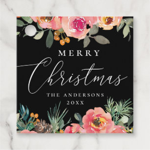 Merry Christmas   Black Floral & Pine Holiday Favour Tags