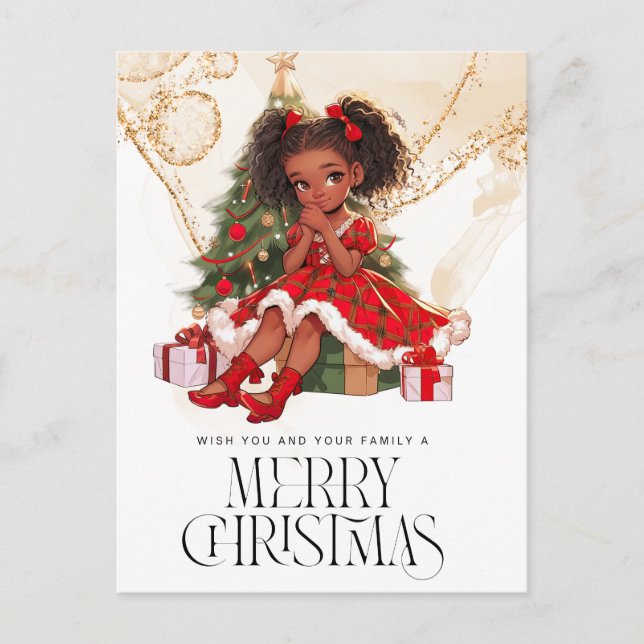 Merry Christmas Black Girl Melanin Girls Xmas Red Holiday Postcard (Front)