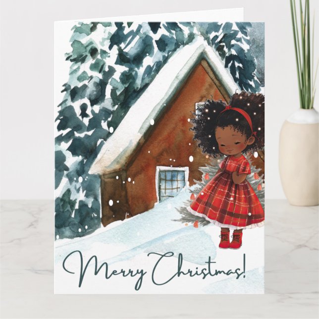 Merry Christmas Black Girl Melanin Girls Xmas Snow Card (Front)