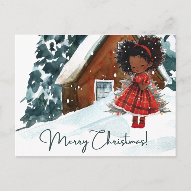 Merry Christmas Black Girl Melanin Girls Xmas Snow Holiday Postcard (Front)