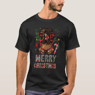 Merry Christmas Black Girl Messy Bun Leopard Plaid T-Shirt