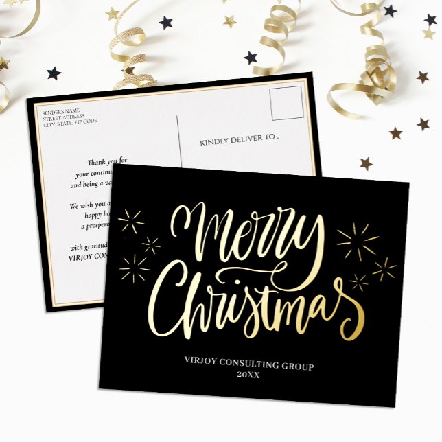 Merry Christmas Black Gold Calligraphy Business Foil Holiday Postcard (Creator Uploaded)