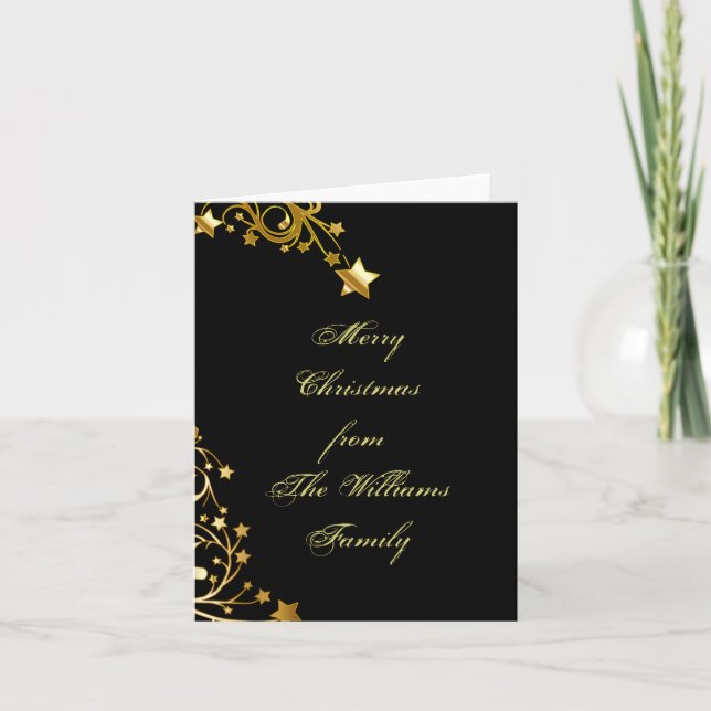 Merry Christmas Black Gold Elegant Chic Stars Holiday Card (Front)