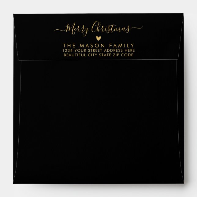 Merry Christmas Black Gold Family Return Address Envelope (Back (Top Flap))