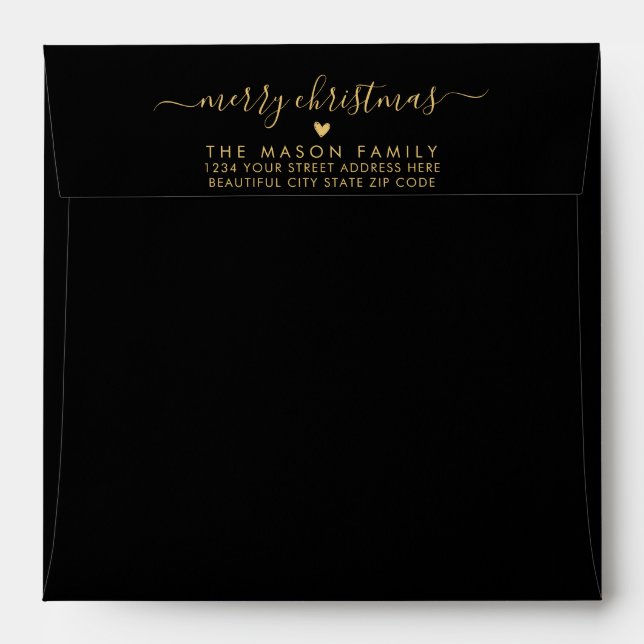 Merry Christmas Black Gold Family Return Address Envelope (Back (Top Flap))