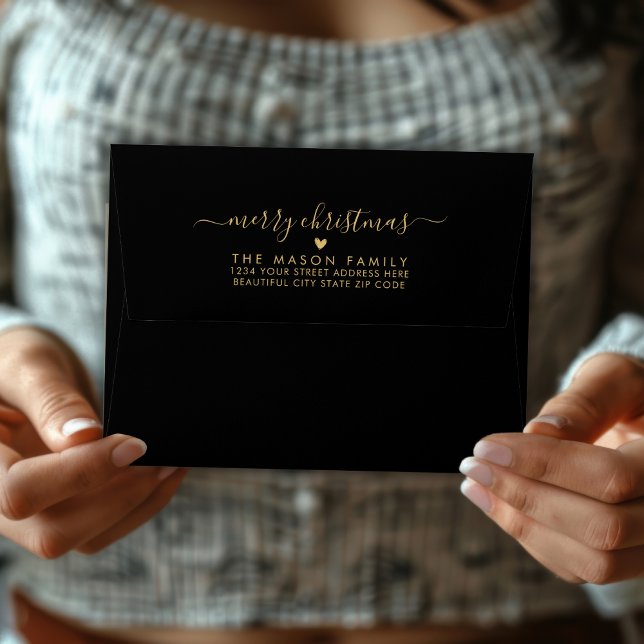 Merry Christmas Black Gold Family Return Address Envelope (Creator Uploaded)