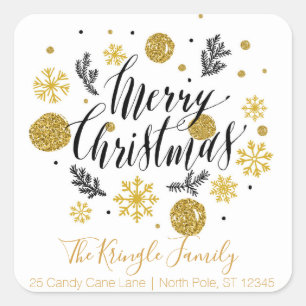 Merry Christmas Black Gold Family Return Address Square Sticker