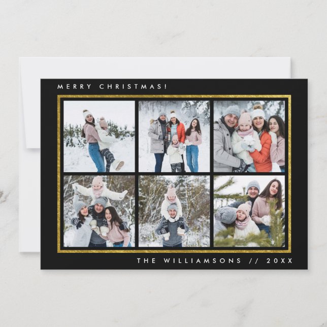 Merry Christmas Black & Gold Foil 6 Square Photos Holiday Card (Front)