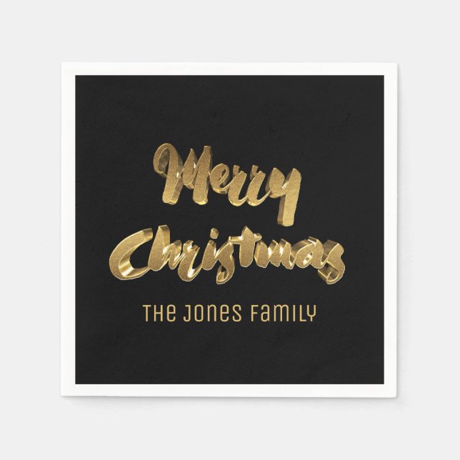 Merry Christmas Black Gold Handwriting Typography Napkin (Front)