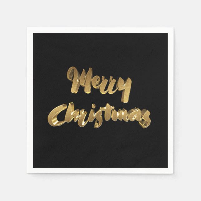 Merry Christmas Black Gold Handwriting Typography Napkin (Front)