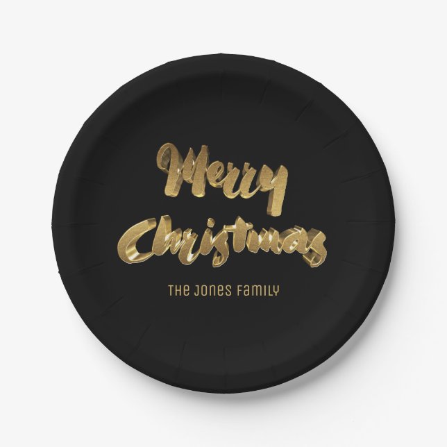 Merry Christmas Black Gold Handwriting Typography Paper Plate (Front)