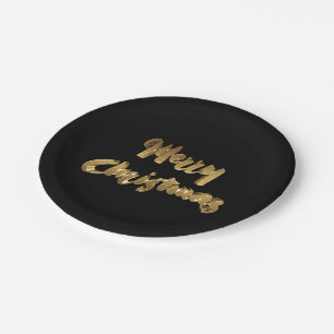 Merry Christmas Black Gold Handwriting Typography Paper Plate