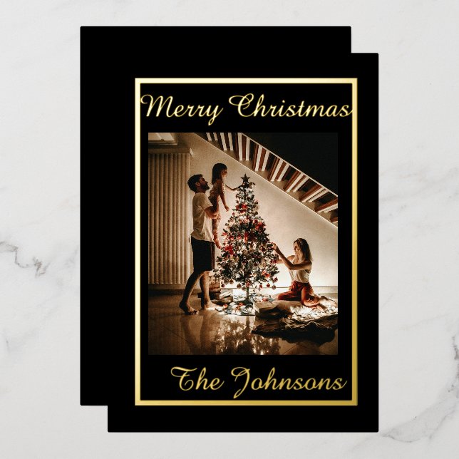 Merry Christmas Black Gold Simple Modern Photo  Foil Holiday Card (Front/Back)