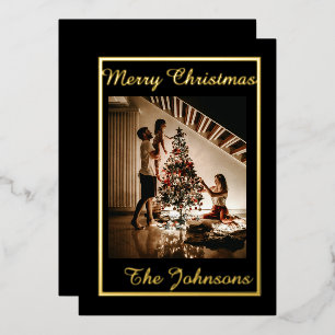 Merry Christmas Black Gold Simple Modern Photo  Foil Holiday Card