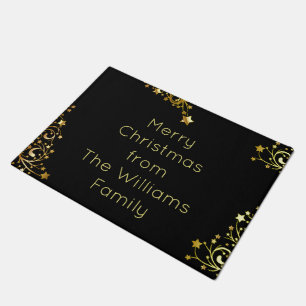 Merry Christmas Black Gold Stars Typography Chic Doormat