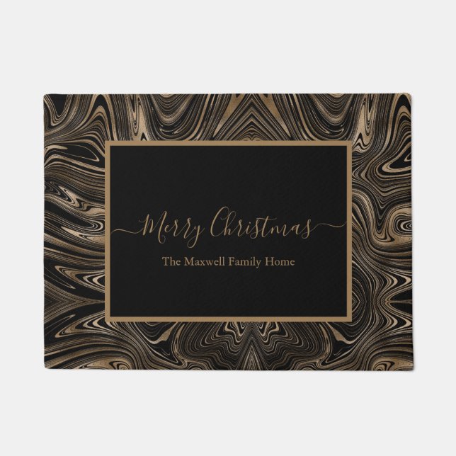 Merry Christmas black gold swirl family name Doormat (Front)