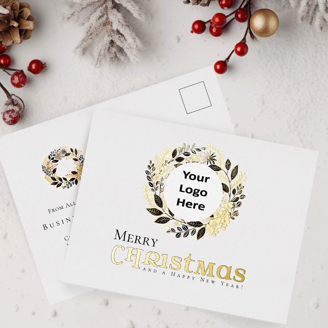 Merry Christmas Black Gold Wreath Business Foil Holiday Postcard (Merry Christmas Modern Chic Black and Gold Foil Holiday Postcard With Company or Corporate  Logo)