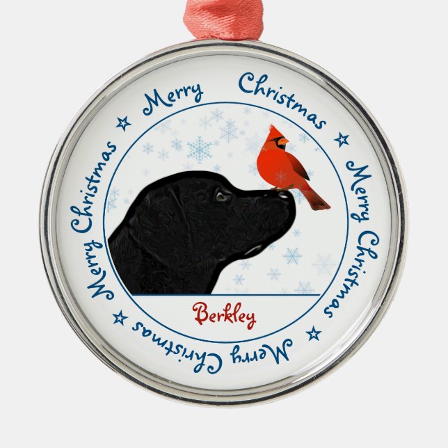 Merry Christmas Black Labrador Cardinal Dog Metal Tree Decoration (Front)
