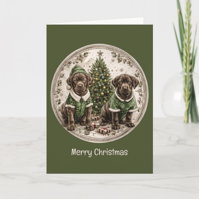 Merry Christmas Black Labrador Retriever Puppy Holiday Card (Front)