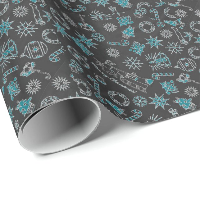 Merry Christmas Black Ocean Green Santa Symbols Wrapping Paper (Roll Corner)