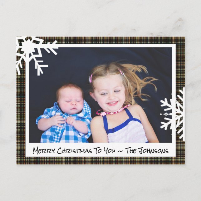 Merry Christmas Black Plaid Family Photo Card (Front)