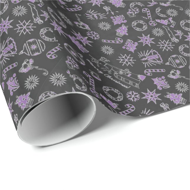 Merry Christmas Black Purple Santa Symbols Wrapping Paper (Roll Corner)