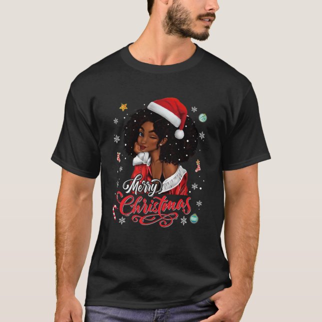 Merry Christmas Black Queen Girl African Santa Mel T-Shirt (Front)