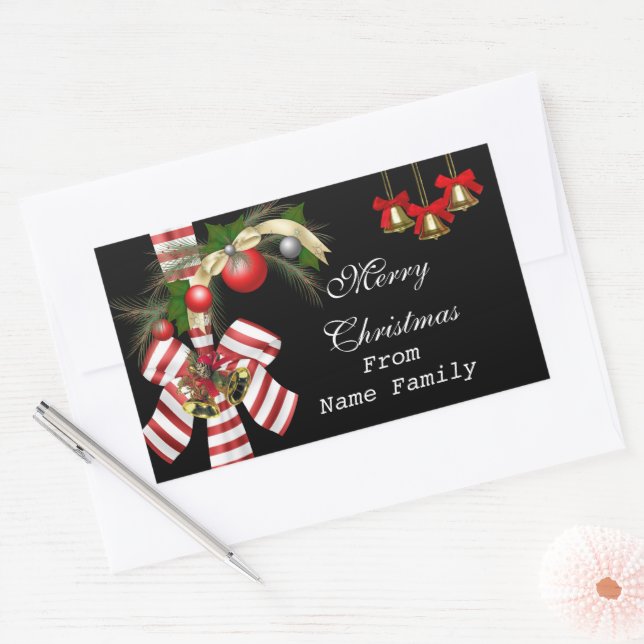 Merry Christmas Black Red Balls Gold Xmas Party Rectangular Sticker (Envelope)