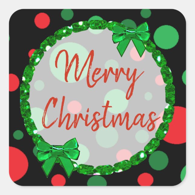 Merry Christmas Black, Red Green Polka Dots Square Sticker (Front)