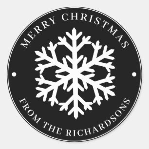 Merry Christmas Black Round White Snowflake Classic Round Sticker