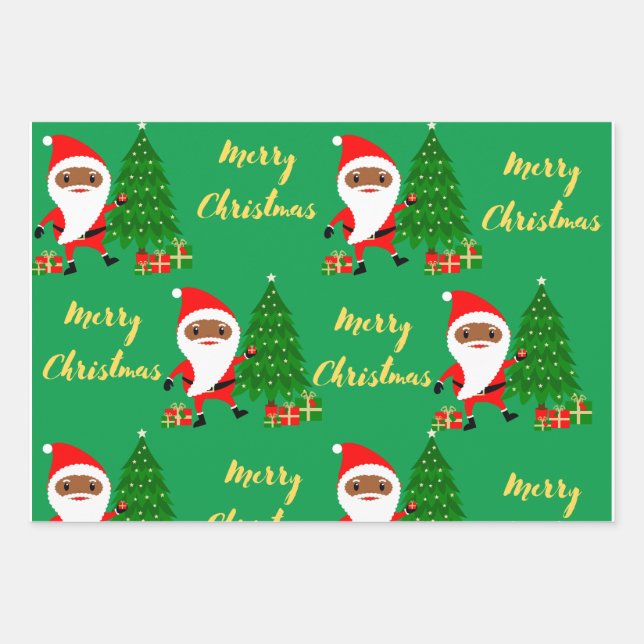 Merry Christmas Black Santa Wrapping Paper Sheet (Front)