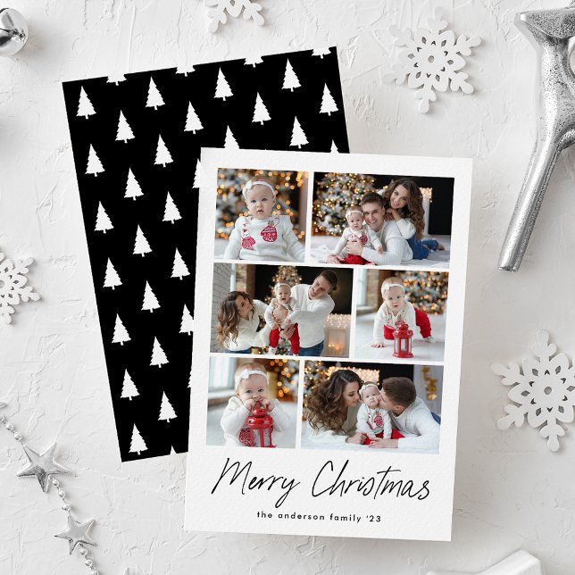 Merry Christmas Black Script 6 Photo Collage Holiday Card (Creator Uploaded)