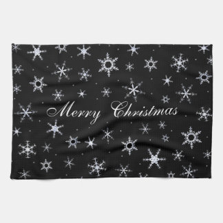 Merry Christmas Black Snowflakes Tea Towel