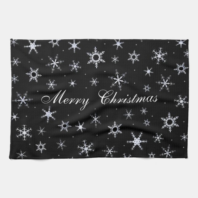 Merry Christmas Black Snowflakes Tea Towel (Horizontal)