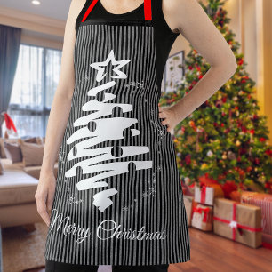 Merry Christmas Black Stripe Modern Holiday Apron