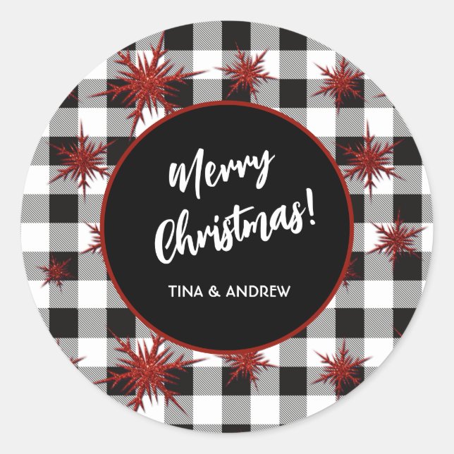 Merry Christmas Black White Buffalo Check Classic Round Sticker (Front)