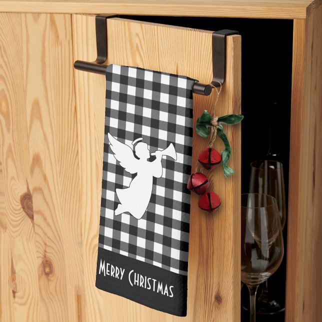 Merry Christmas Black & White Buffalo Plaid Angel Tea Towel (Creator Uploaded)