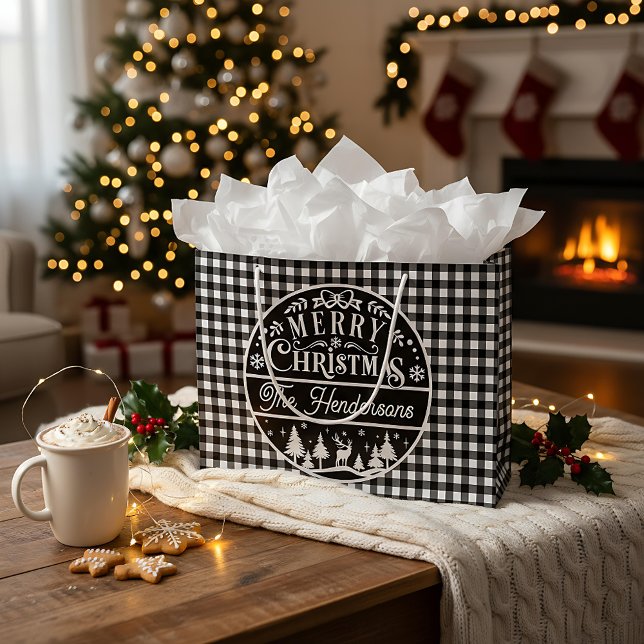 Merry Christmas Black & White Buffalo Plaid Custom Large Gift Bag (Creator Uploaded)